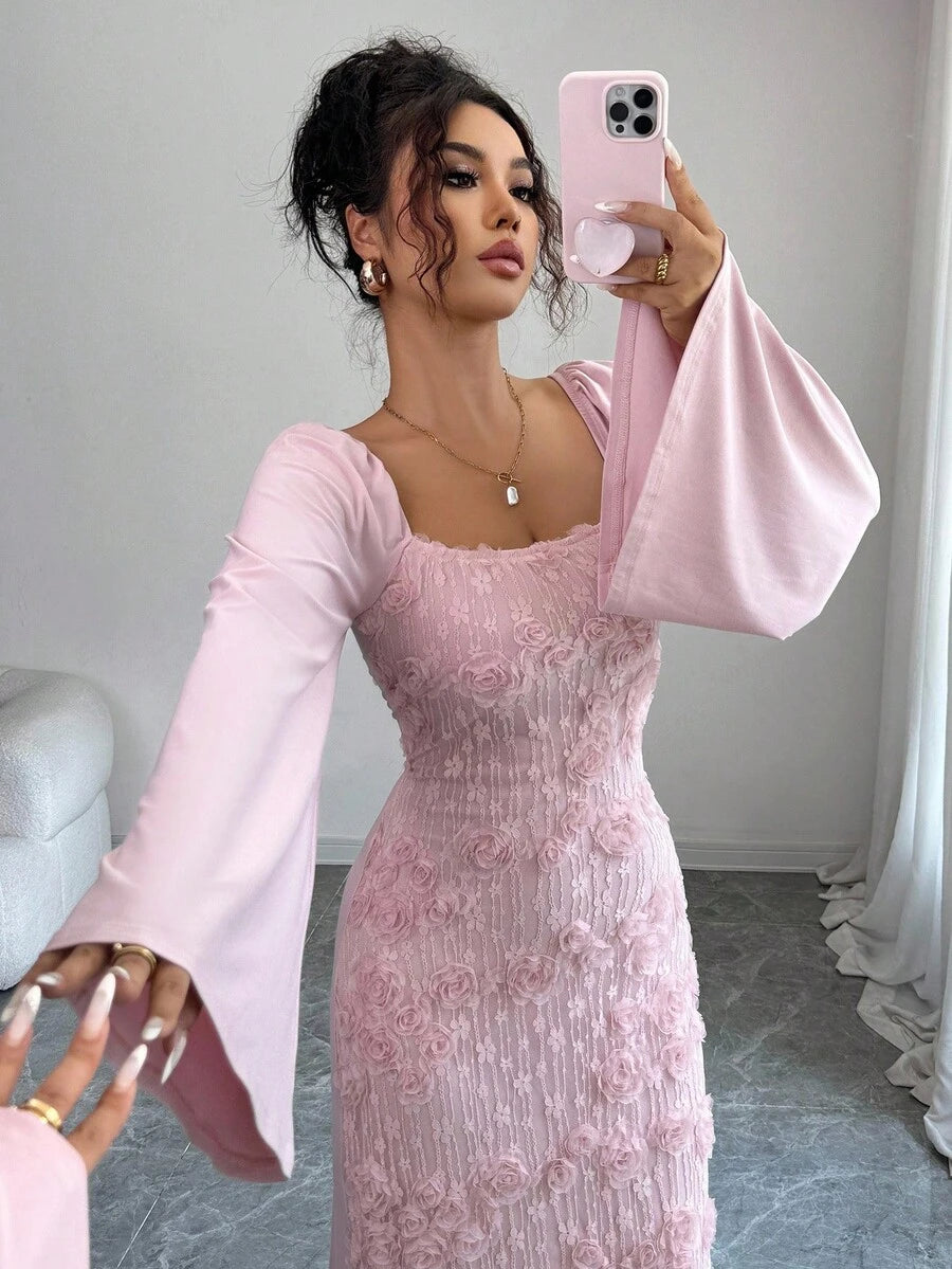 SHEIN Elenzga فستان وردي مزين بالزهور بأكمام واسعة