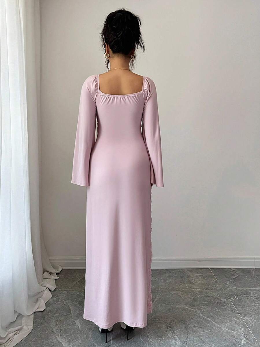 SHEIN Elenzga فستان وردي مزين بالزهور بأكمام واسعة