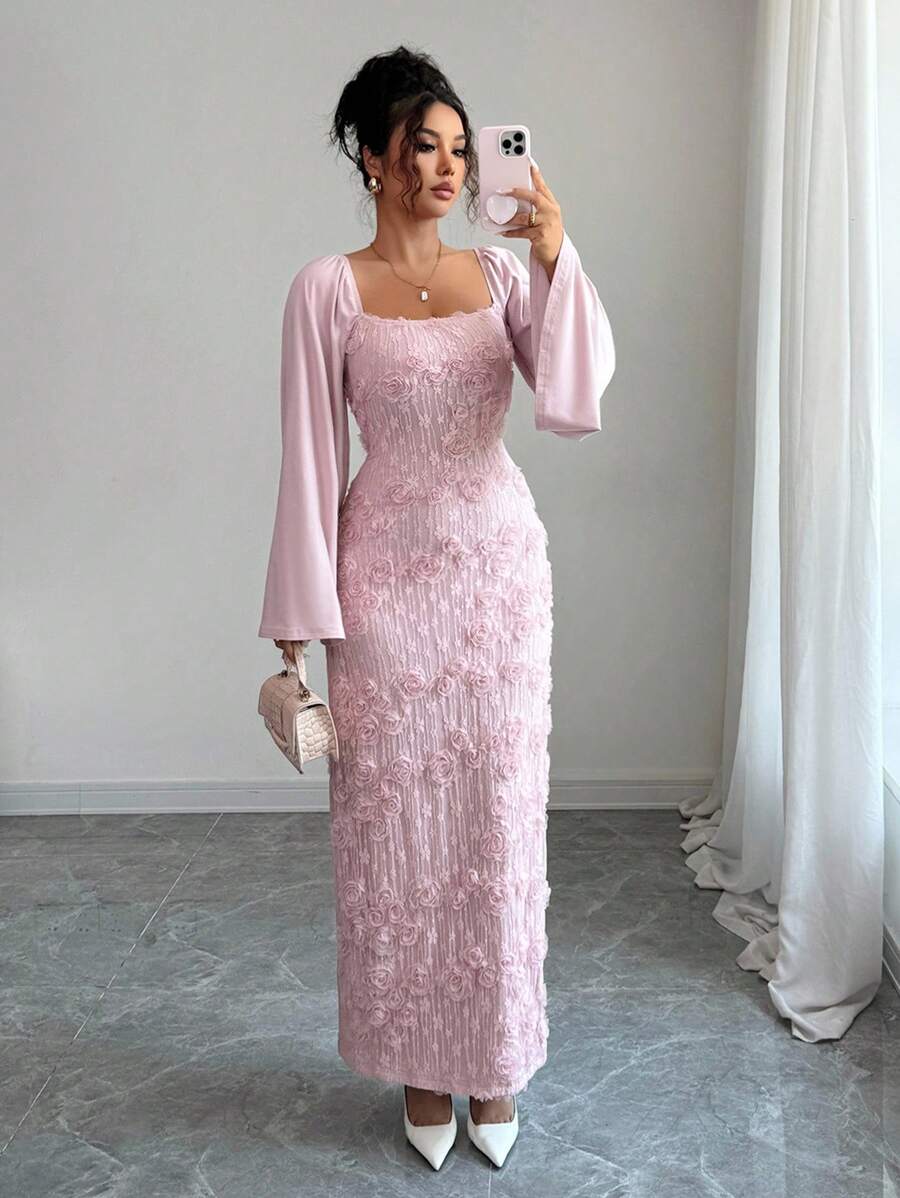 SHEIN Elenzga فستان وردي مزين بالزهور بأكمام واسعة