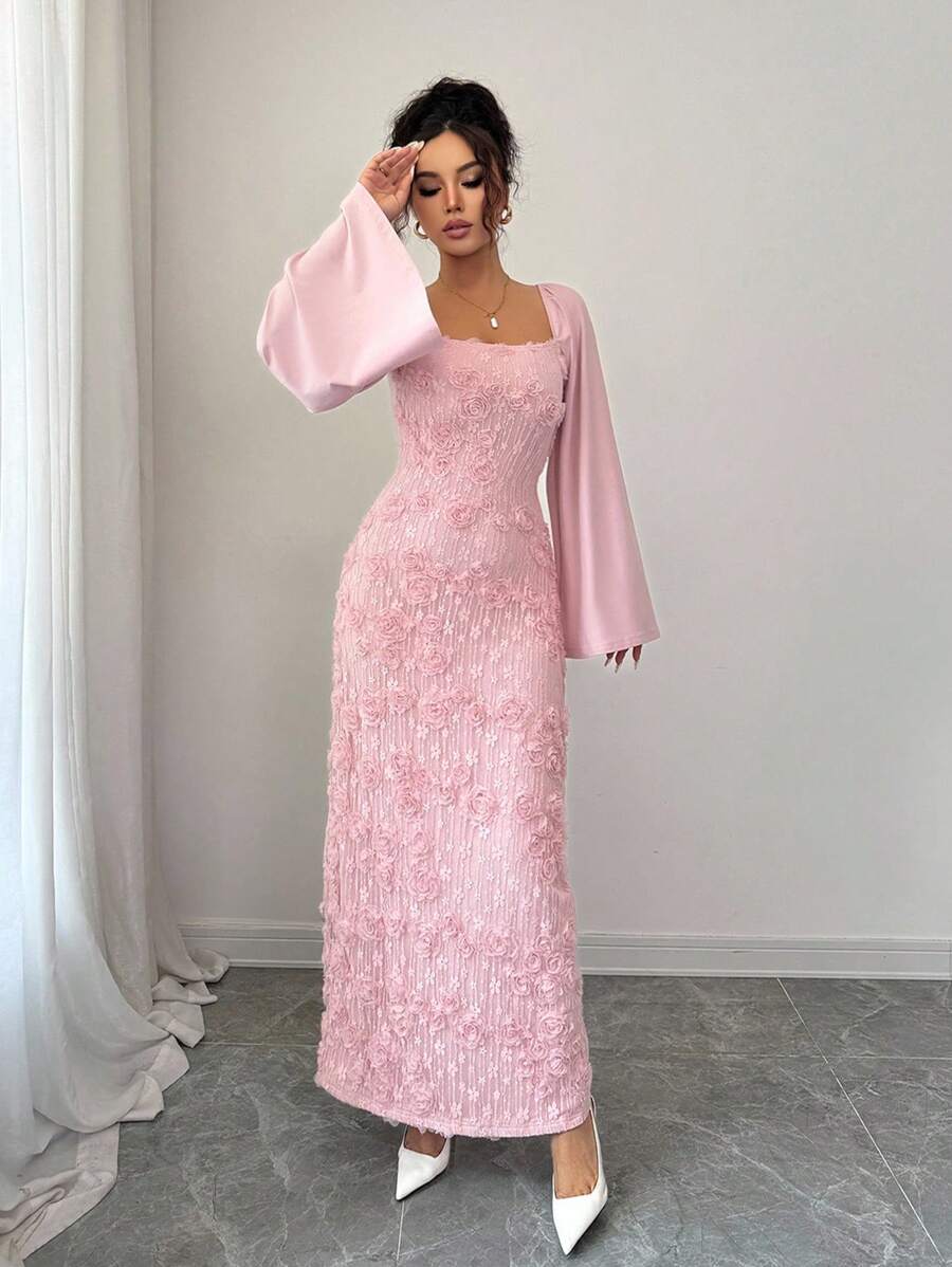 SHEIN Elenzga فستان وردي مزين بالزهور بأكمام واسعة