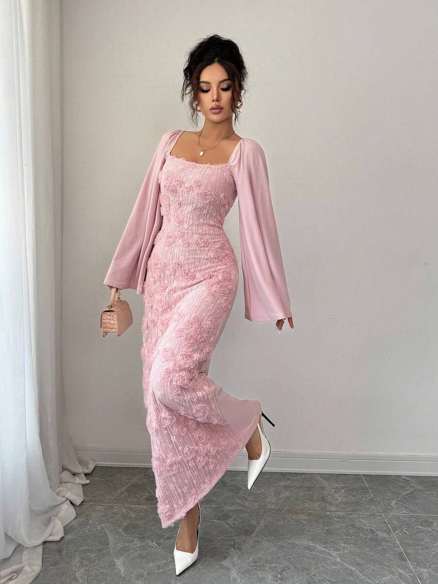 SHEIN Elenzga فستان وردي مزين بالزهور بأكمام واسعة