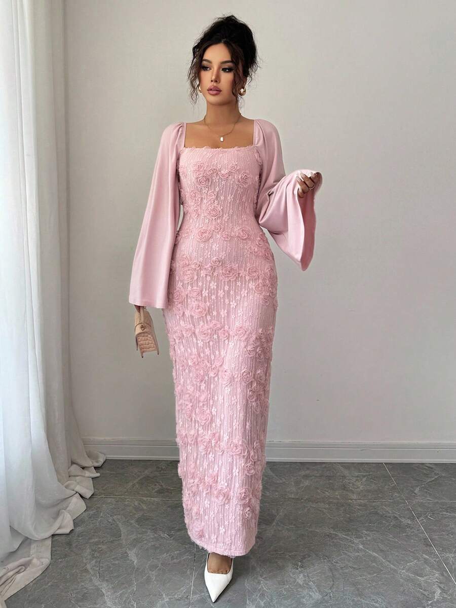 SHEIN Elenzga فستان وردي مزين بالزهور بأكمام واسعة