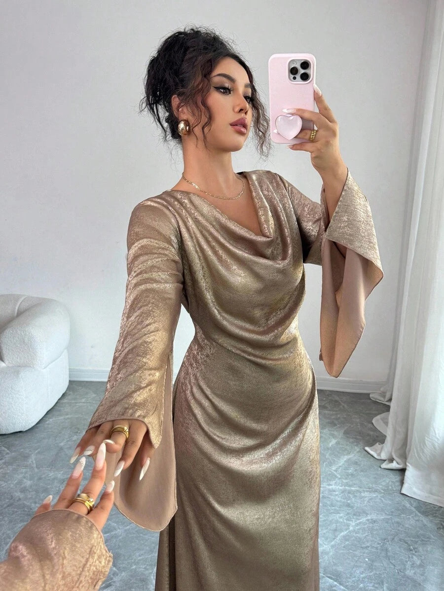 SHEIN Elenzga فستان ذهبي أنيق بأكمام واسعة معدنية