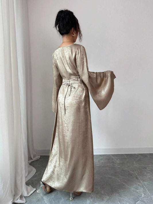 SHEIN Elenzga فستان ذهبي أنيق بأكمام واسعة معدنية