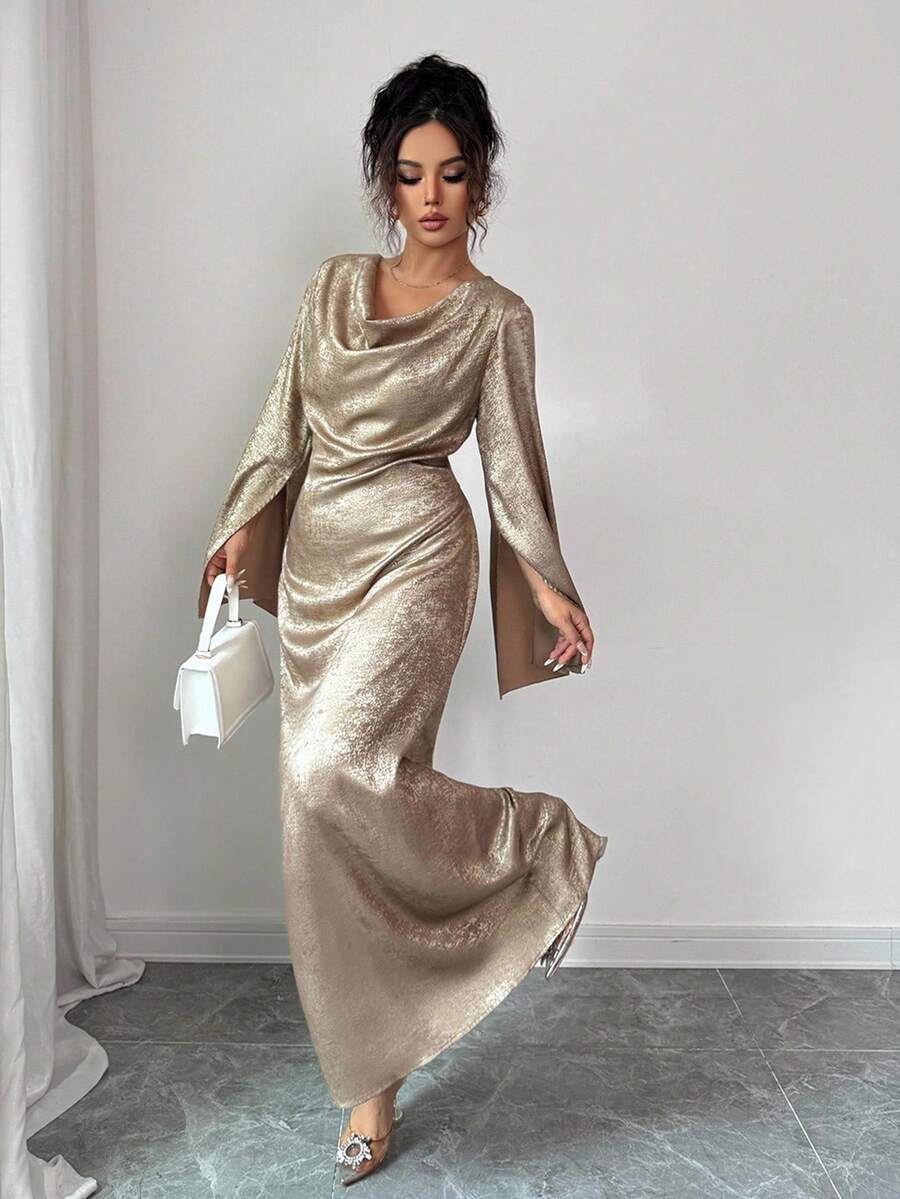 SHEIN Elenzga فستان ذهبي أنيق بأكمام واسعة معدنية
