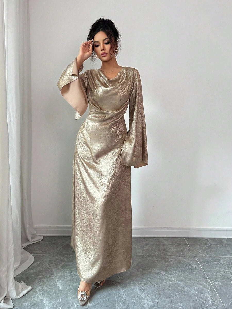 SHEIN Elenzga فستان ذهبي أنيق بأكمام واسعة معدنية