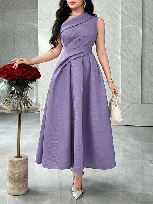 SHEIN Feyla فستان أنيق بكتف غير متماثل وخصر مطوي بلون أرجواني
