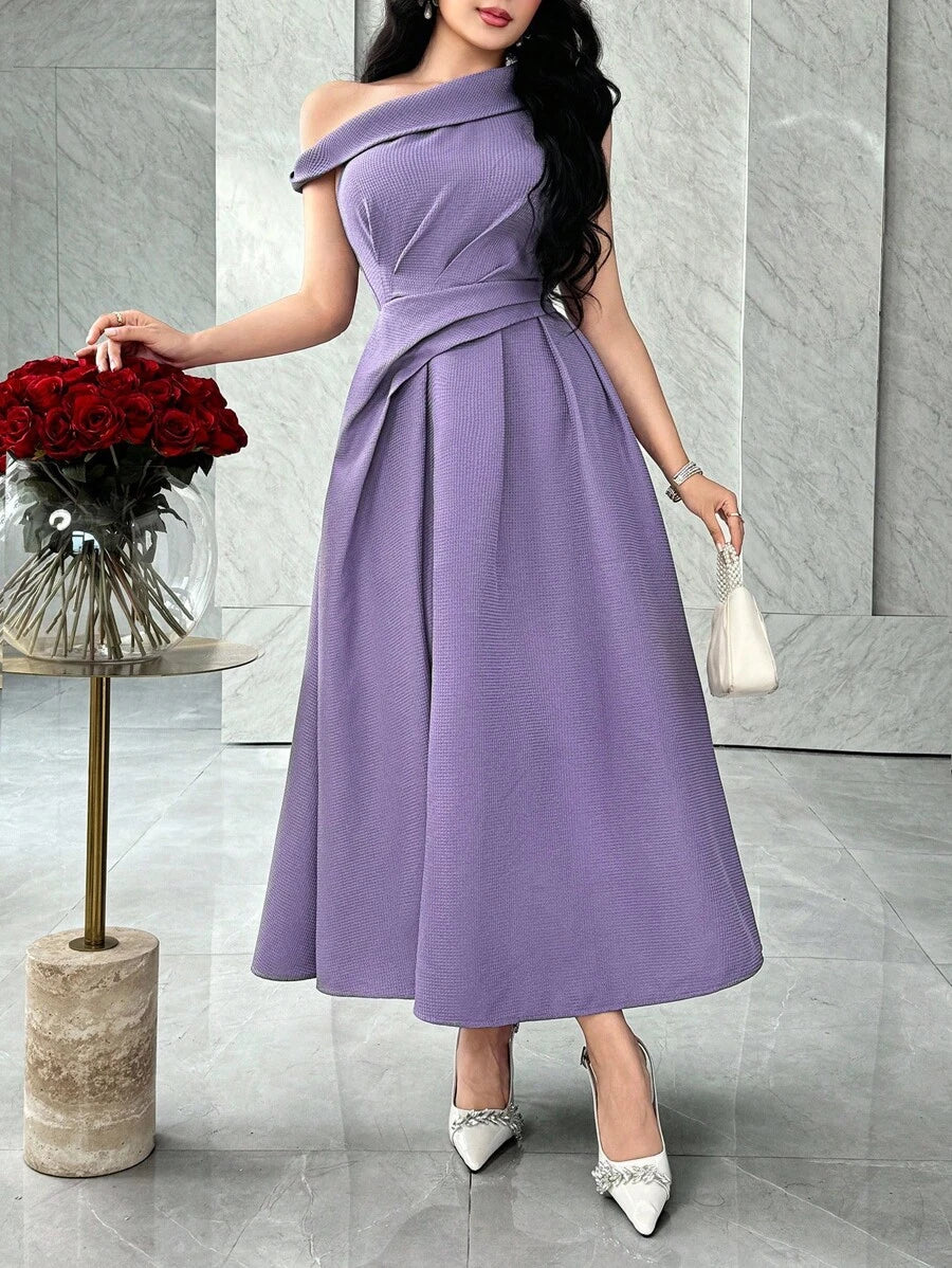 SHEIN Feyla فستان أنيق بكتف غير متماثل وخصر مطوي بلون أرجواني