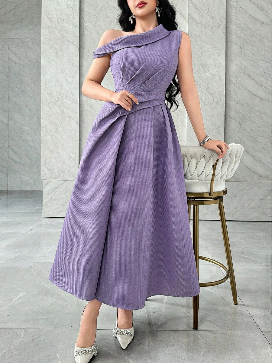 SHEIN Feyla فستان أنيق بكتف غير متماثل وخصر مطوي بلون أرجواني