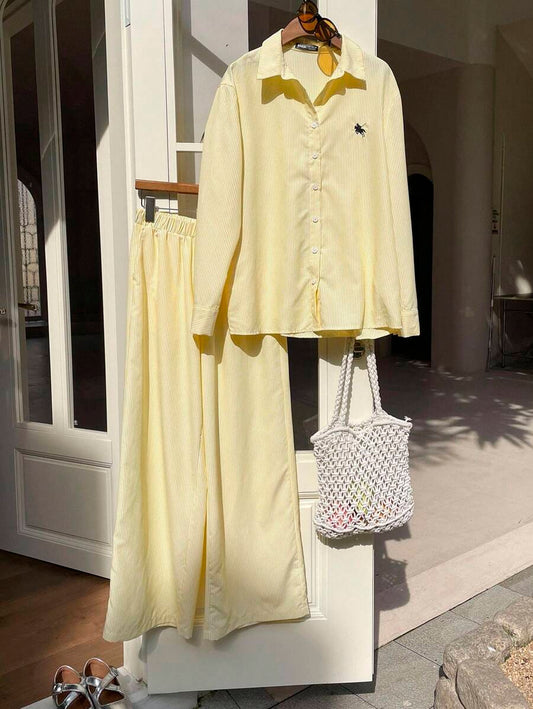 SHEIN Comfortcana طقم نسائي قطعتين قميص مخطط ومطرز مع بنطال واسع