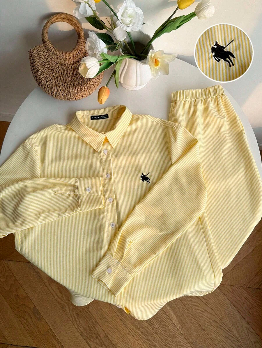 SHEIN Comfortcana طقم نسائي قطعتين قميص مخطط ومطرز مع بنطال واسع