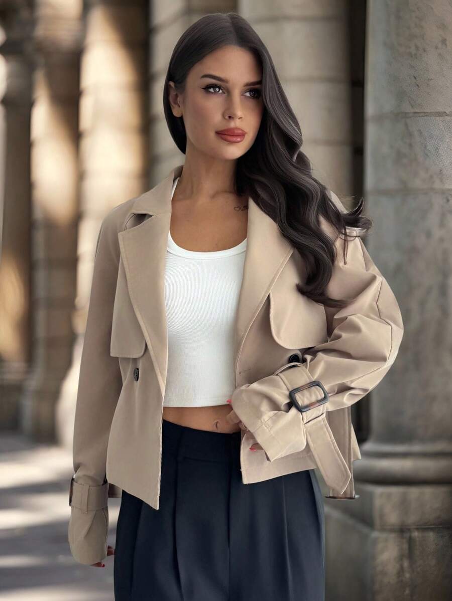SHEIN Firerie معطف ترنش نسائي بلون كاكي بحزام وخصر محدد