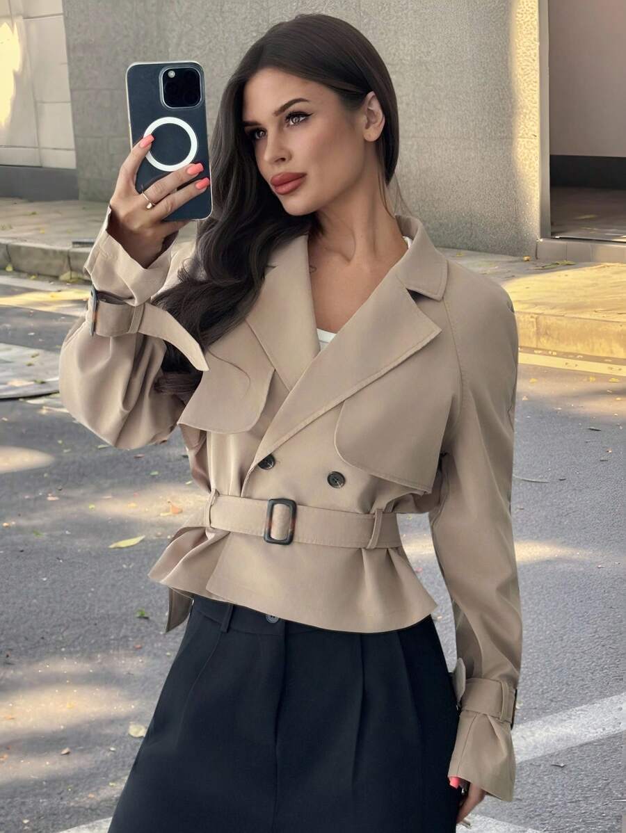 SHEIN Firerie معطف ترنش نسائي بلون كاكي بحزام وخصر محدد
