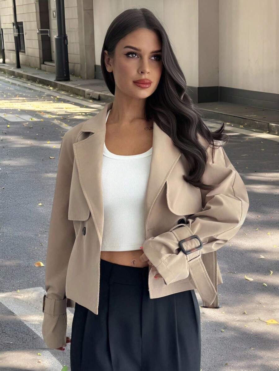 SHEIN Firerie معطف ترنش نسائي بلون كاكي بحزام وخصر محدد