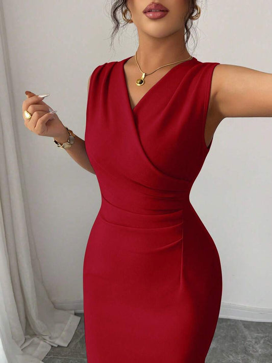 SHEIN Elenzga فستان عنابي كاجوال بدون أكمام