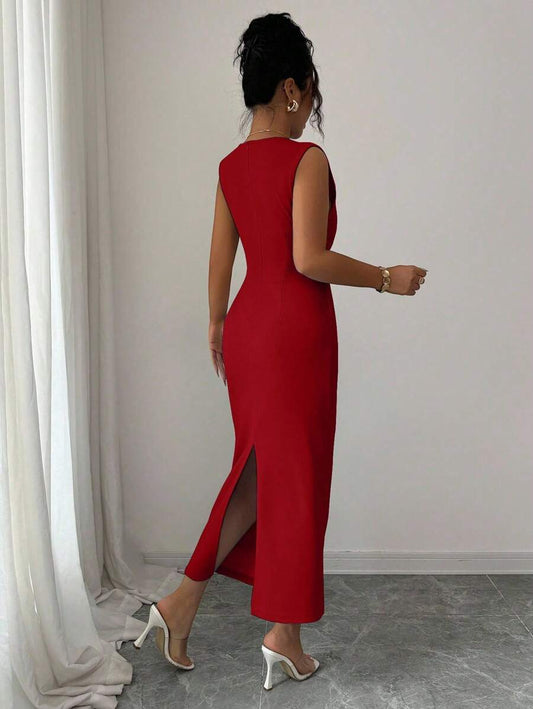 SHEIN Elenzga فستان عنابي كاجوال بدون أكمام