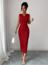 SHEIN Elenzga فستان عنابي كاجوال بدون أكمام