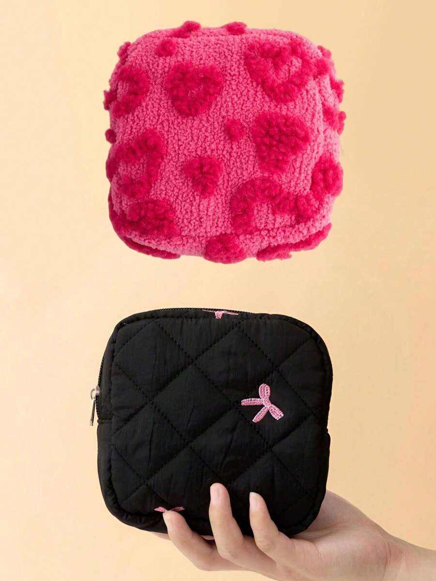 SHEIN حقيبة مكياج صغيرة محمولة بسحاب ونمط فيونكة