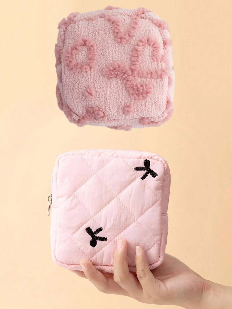 SHEIN حقيبة مكياج صغيرة محمولة بسحاب ونمط فيونكة