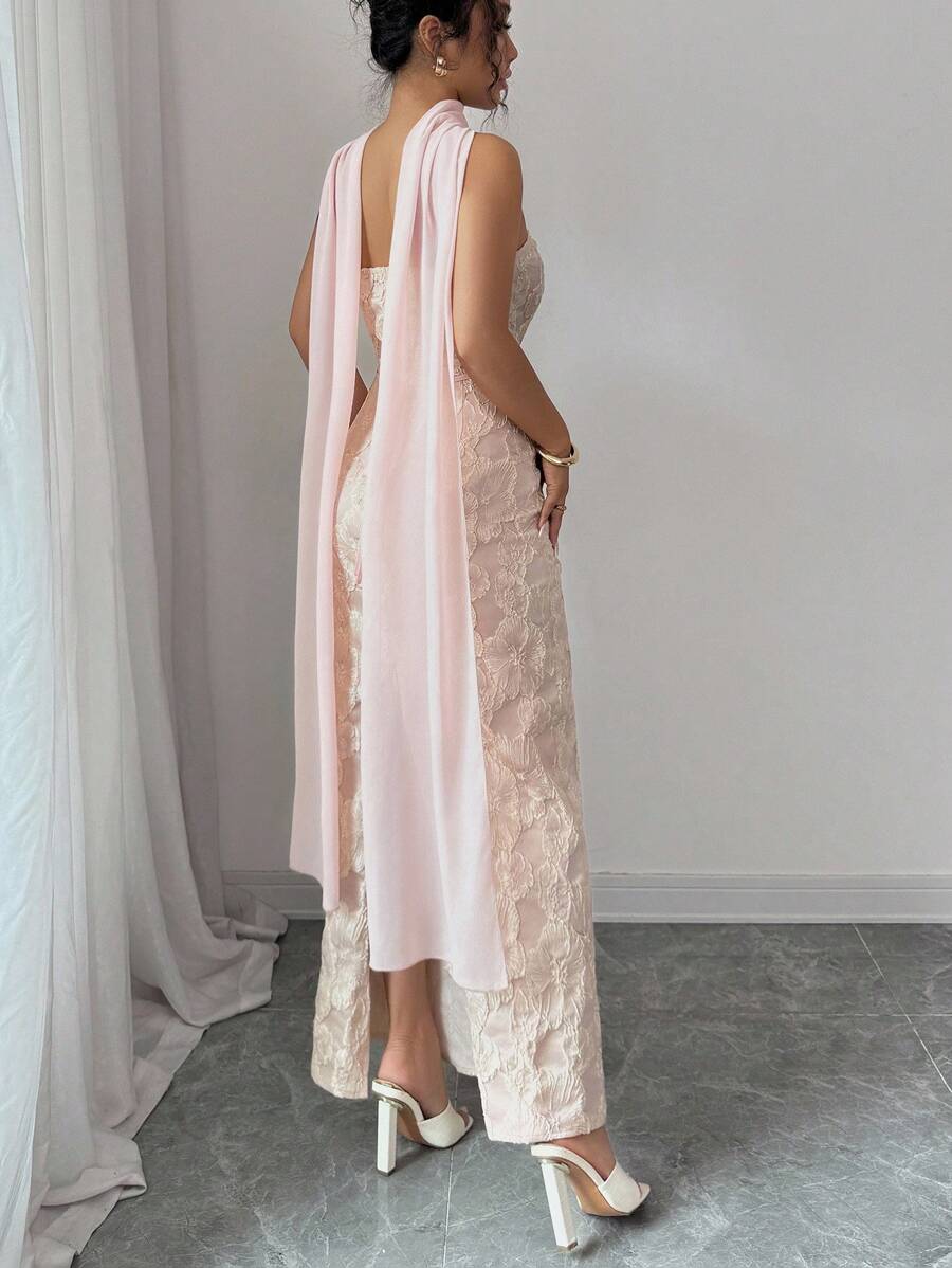 SHEIN Elenzga فستان جاكار وردي وذهبي بدون أكتاف وخصر مشدود