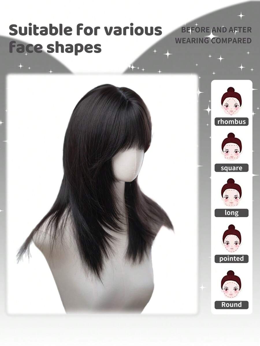 SHEIN باروكة شعر مستعار أسود طويل مستقيم 20 بوصة مع غرة