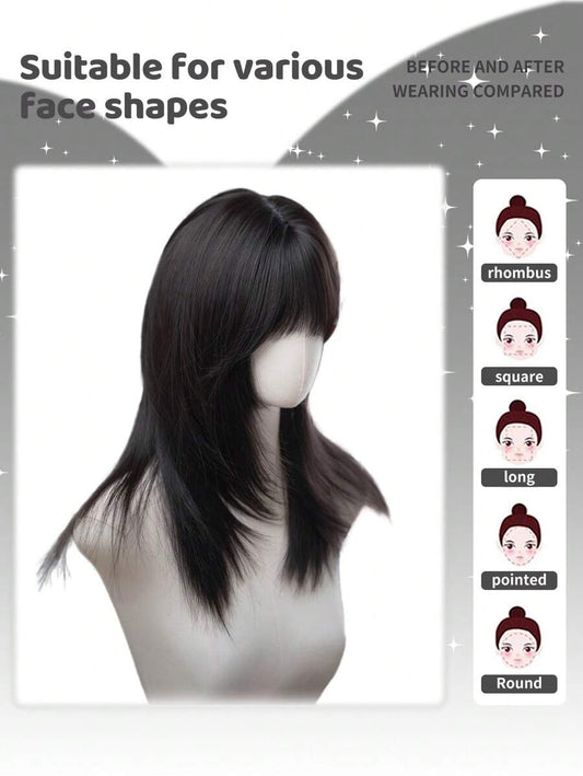 SHEIN باروكة شعر مستعار أسود طويل مستقيم 20 بوصة مع غرة