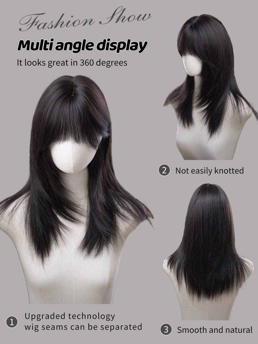 SHEIN باروكة شعر مستعار أسود طويل مستقيم 20 بوصة مع غرة