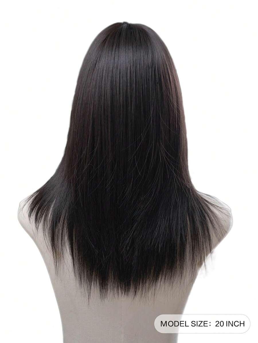 SHEIN باروكة شعر مستعار أسود طويل مستقيم 20 بوصة مع غرة