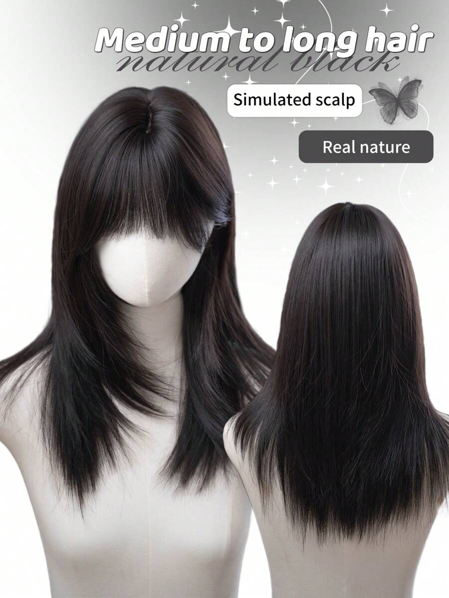 SHEIN باروكة شعر مستعار أسود طويل مستقيم 20 بوصة مع غرة