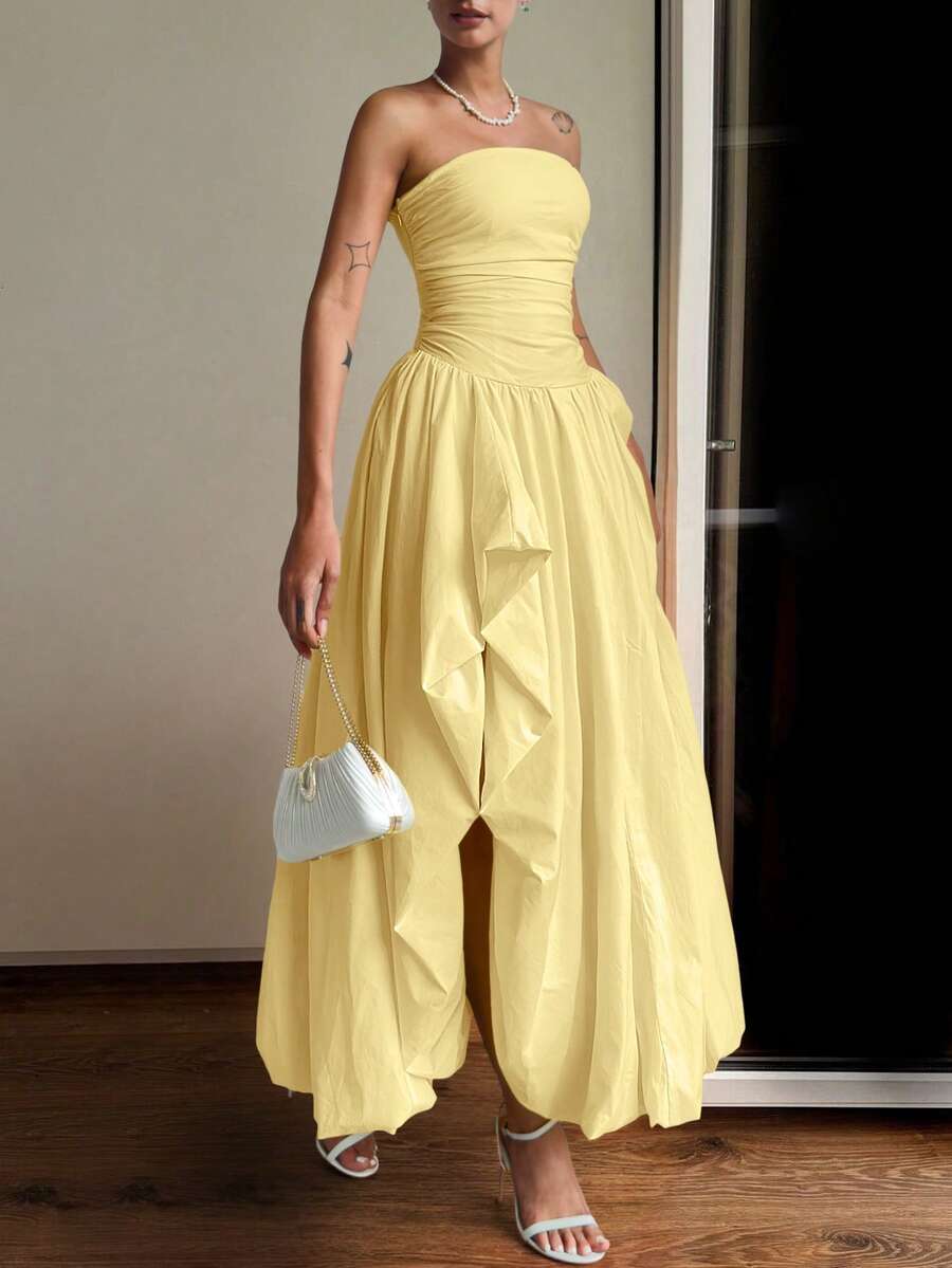 SHEIN فستان حفلة أصفر بخصر غير متماثل بدون أكتاف