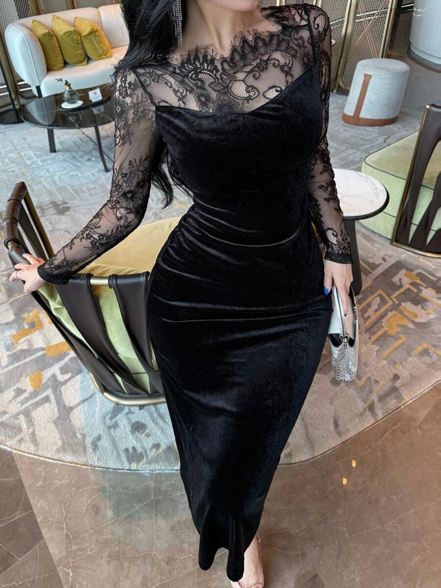 SHEIN DAZY فستان حورية اسود بتطريز الدانتيل وأكمام طويلة