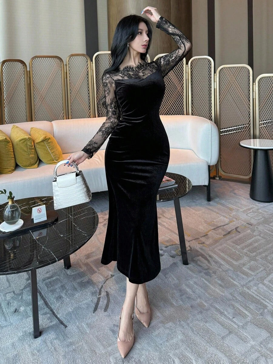 SHEIN DAZY فستان حورية اسود بتطريز الدانتيل وأكمام طويلة