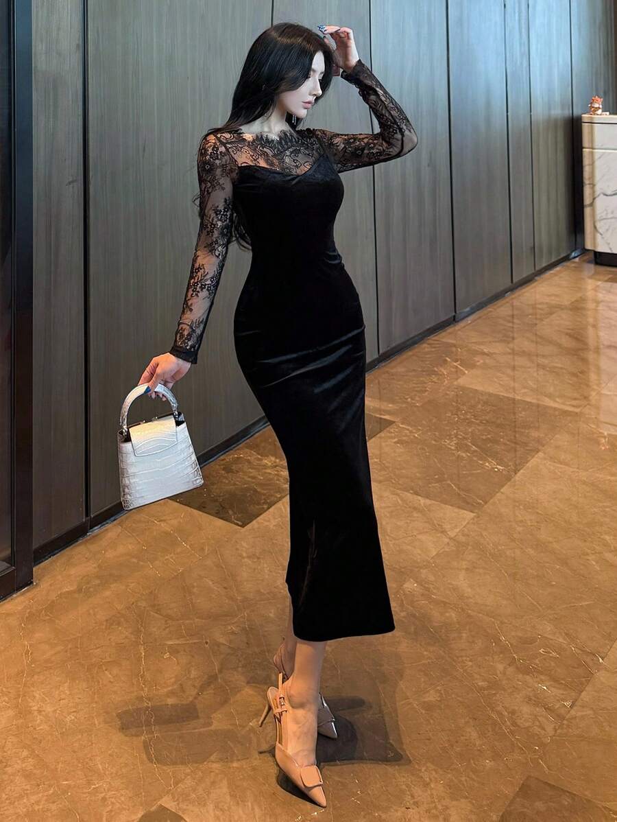 SHEIN DAZY فستان حورية اسود بتطريز الدانتيل وأكمام طويلة