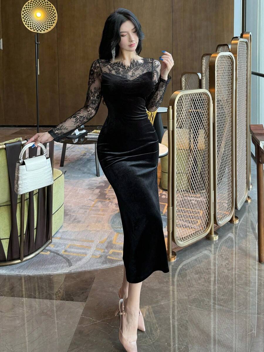 SHEIN DAZY فستان حورية اسود بتطريز الدانتيل وأكمام طويلة