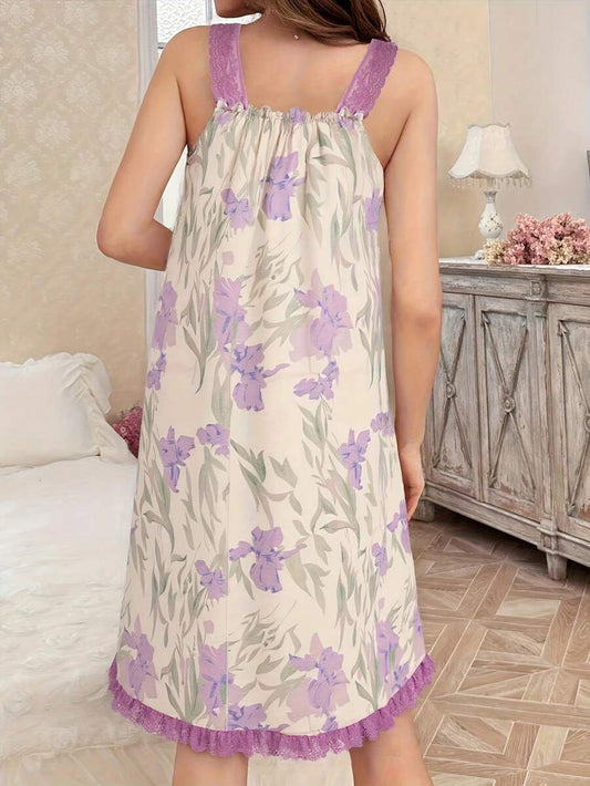 SHEIN فستان نوم بدون أكمام بفيونكة من الدانتيل بطباعة زهور