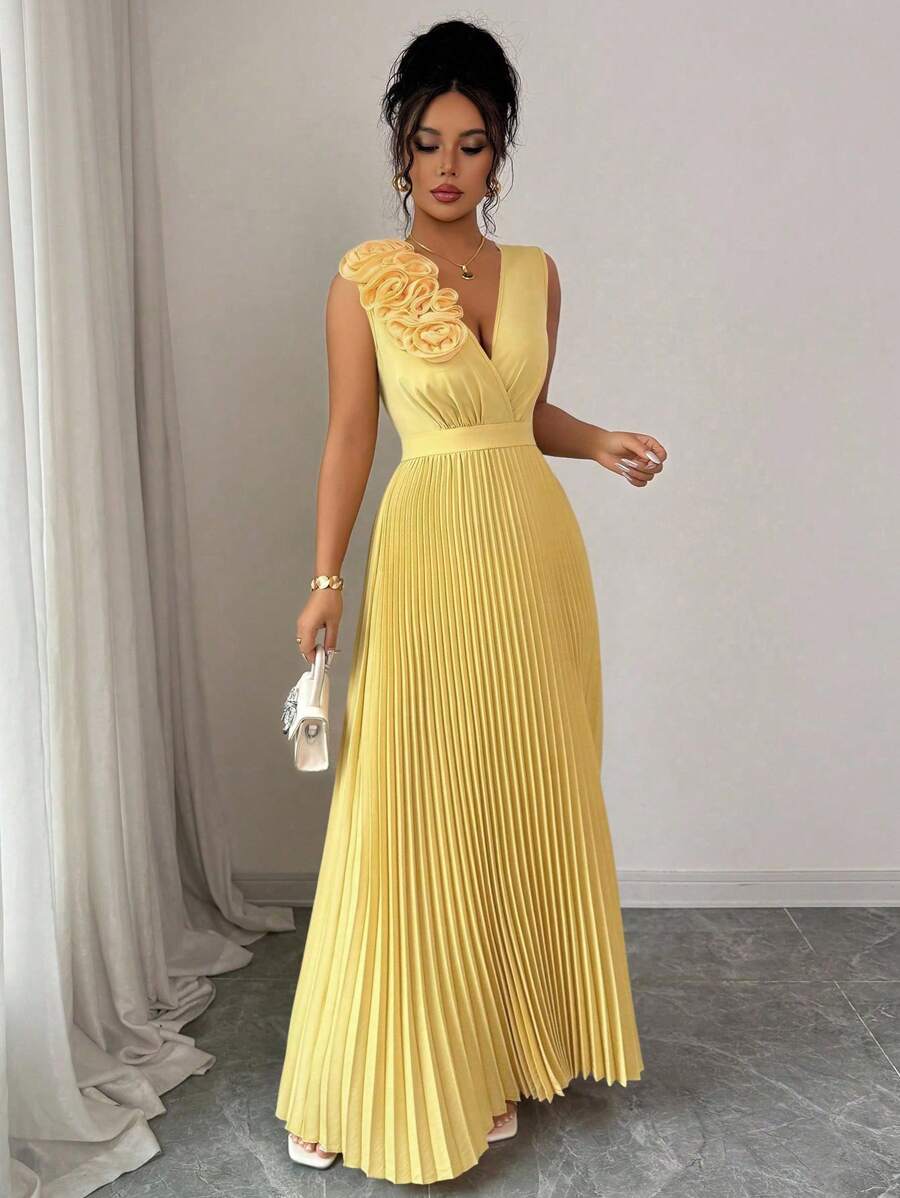 SHEIN Elenzga فستان أصفر طويل قصة بالكشاكش وطبعات زهرية