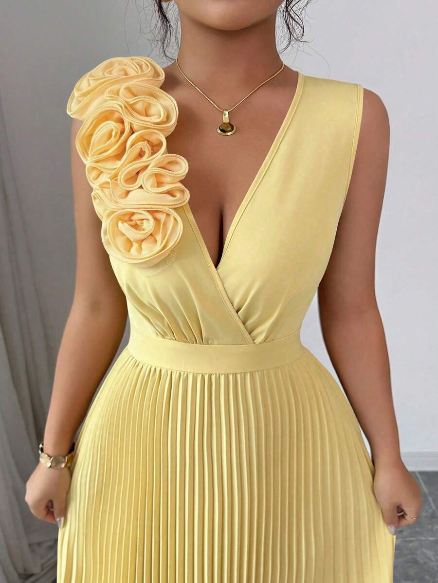 SHEIN Elenzga فستان أصفر طويل قصة بالكشاكش وطبعات زهرية