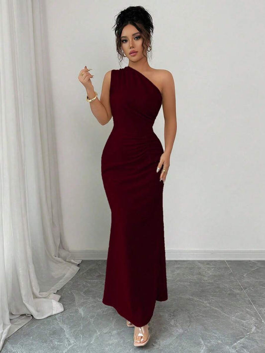 SHEIN Elenzga فستان مطبوع بخصر مشدود وكتف مائل