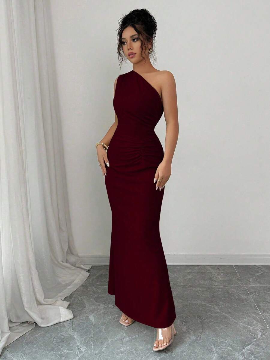 SHEIN Elenzga فستان مطبوع بخصر مشدود وكتف مائل