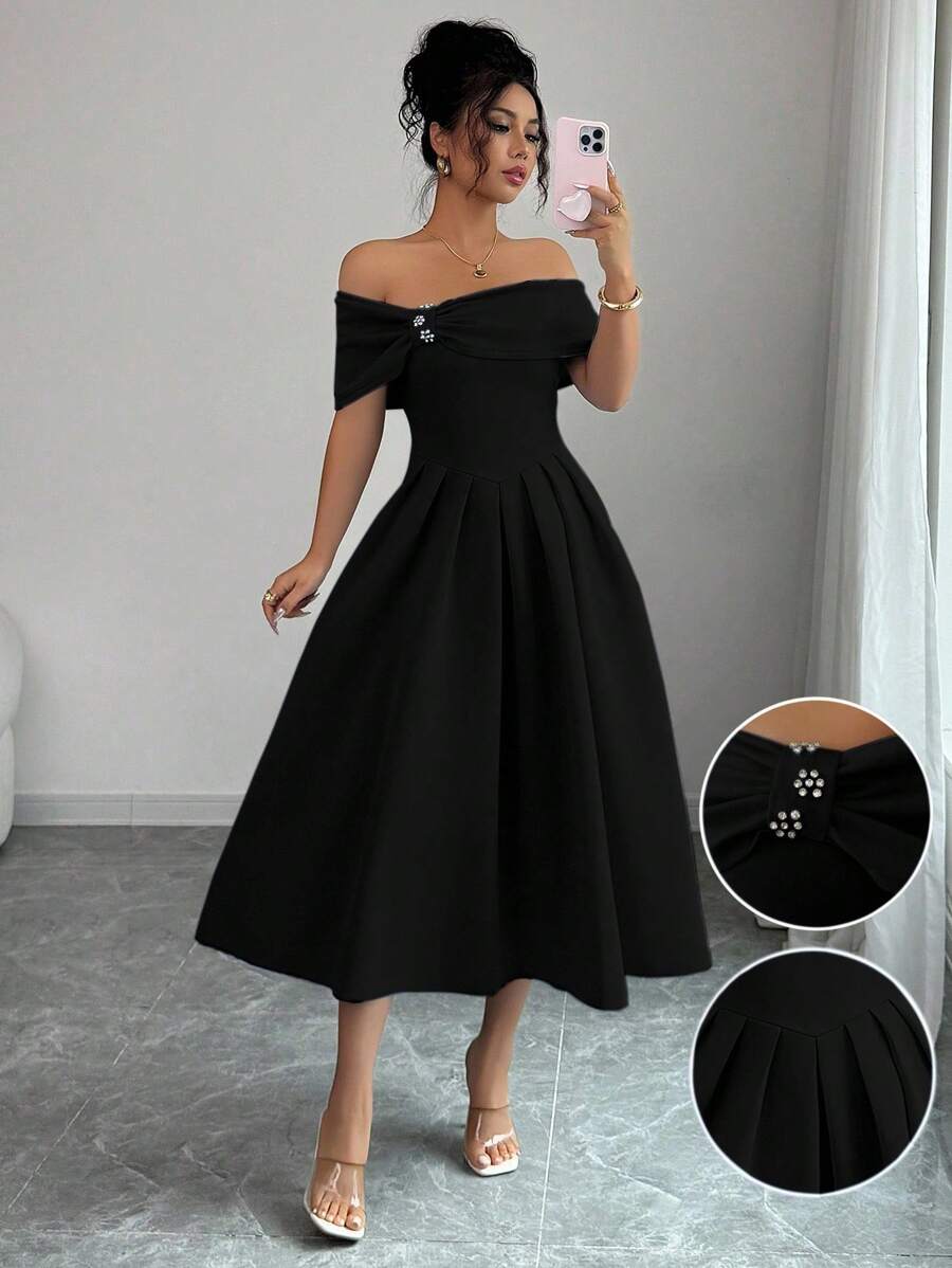 SHEIN Elenzga فستان اسود متوسط الطول مزين بالراين مكشوف الكتف