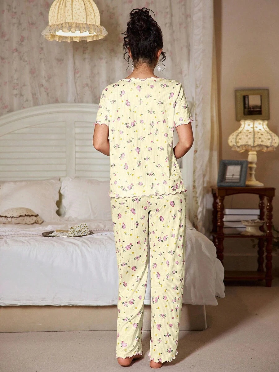 SHEIN CottageSlumber طقم بيجامة قطعتين مطبوع بالزهور والفيونكة من قطن مخملي