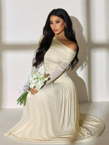 SHEIN PETITE فستان مشمشي طويل بكتف واحد مطرز