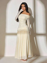 SHEIN PETITE فستان مشمشي طويل بكتف واحد مطرز