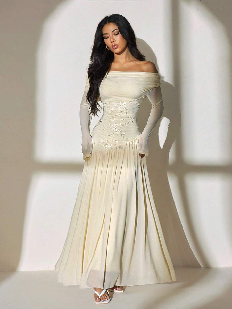 SHEIN PETITE فستان مشمشي طويل كتف واحد مطرز