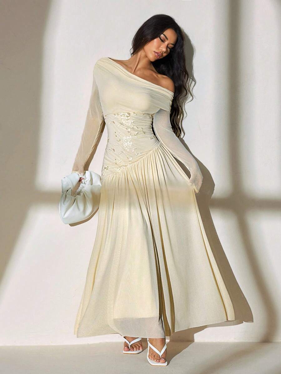 SHEIN PETITE فستان مشمشي طويل كتف واحد مطرز