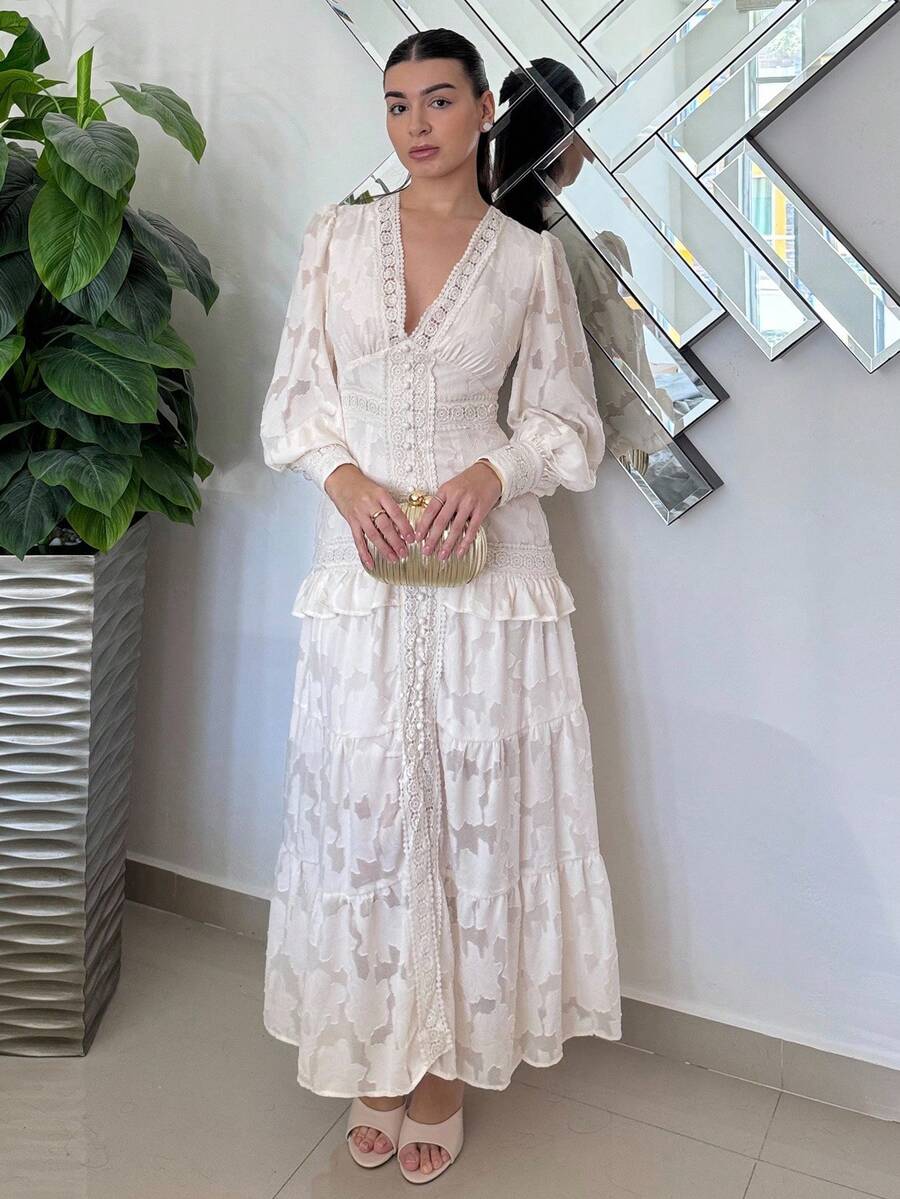SHEIN Andrea Bello فستان ماكسي بأكمام منتفخة وخصر مربوط بلون مشمشي