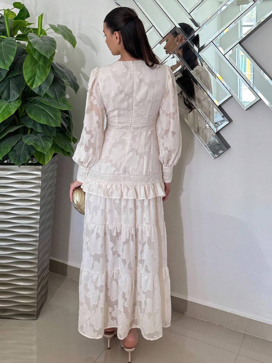 SHEIN Andrea Bello فستان ماكسي بأكمام منتفخة وخصر مربوط بلون مشمشي