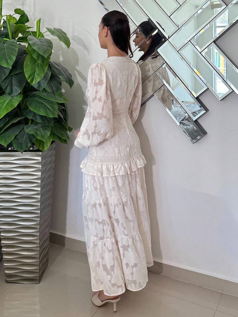 SHEIN Andrea Bello فستان ماكسي بأكمام منتفخة وخصر مربوط بلون مشمشي