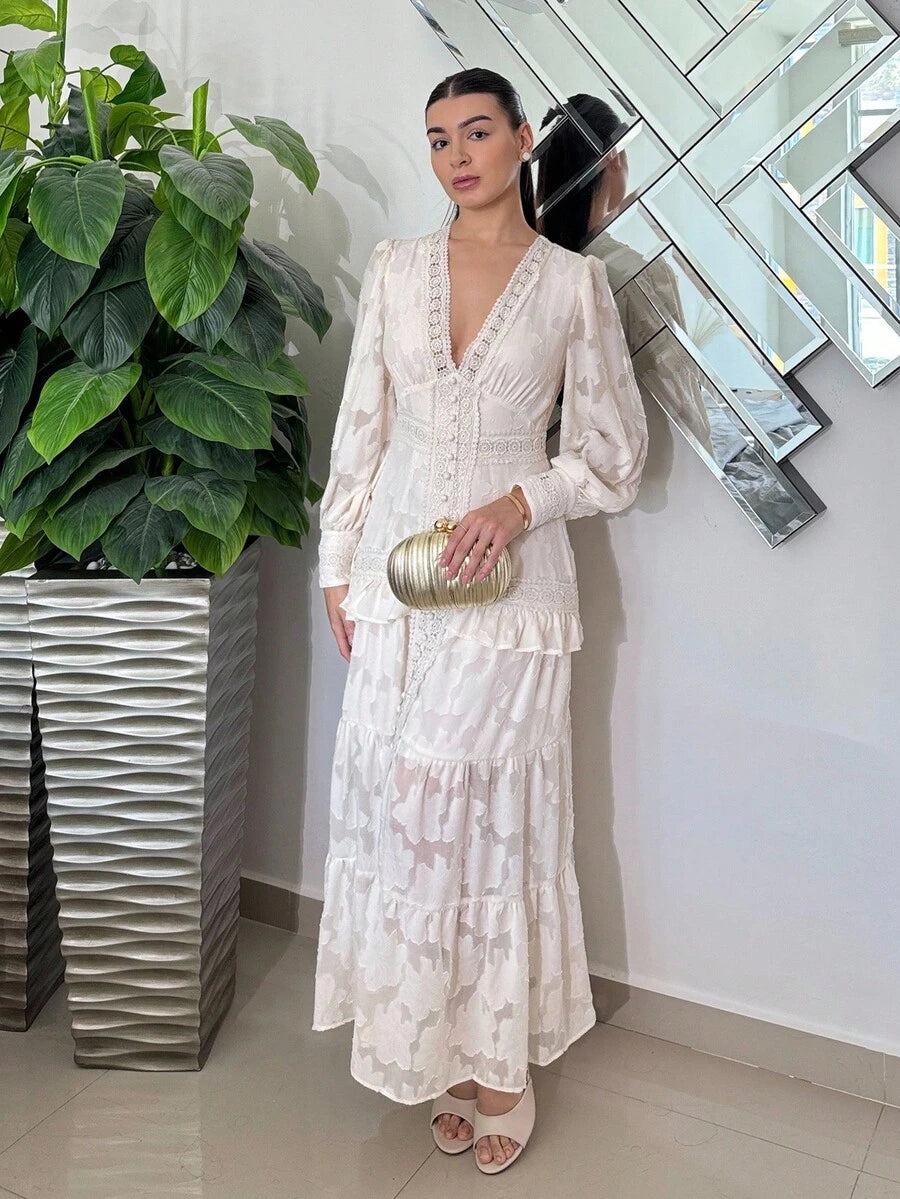 SHEIN Andrea Bello فستان ماكسي بأكمام منتفخة وخصر مربوط بلون مشمشي