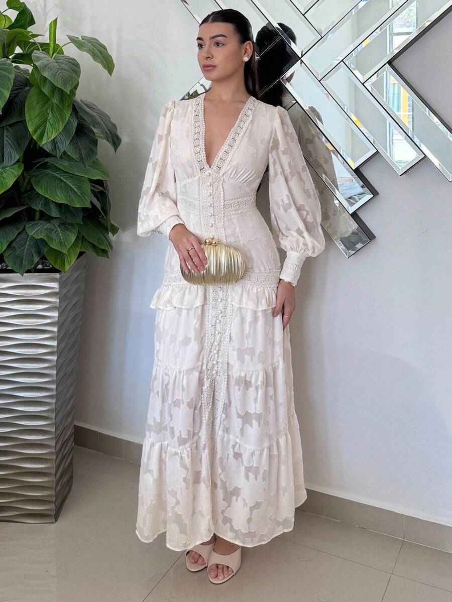 SHEIN Andrea Bello فستان ماكسي بأكمام منتفخة وخصر مربوط بلون مشمشي